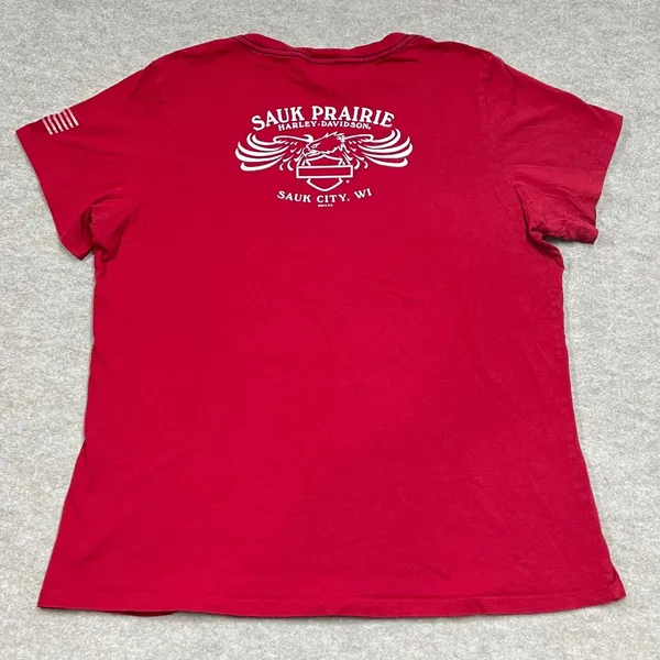 Harley Davidson Sauk Prairie WI Red Graphic T-Shirt Womens American‎ Flag Sleeve - Image 2