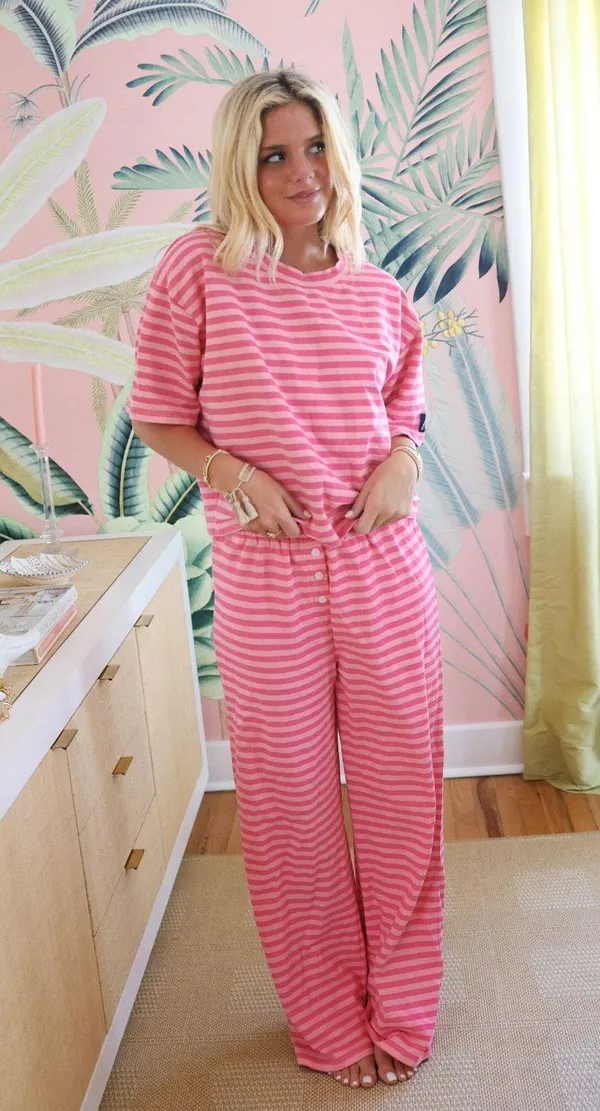Striped Short Sleeve Top + Striped Button Pants Pink Size L - Image 3