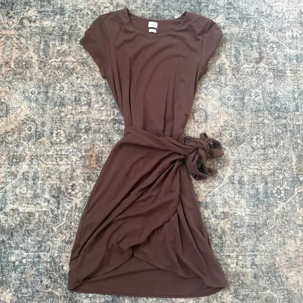 Wilfred Aritzia Lune Mini Dress Brown Short Sleeve Tie Wrap Women's M - Image 2