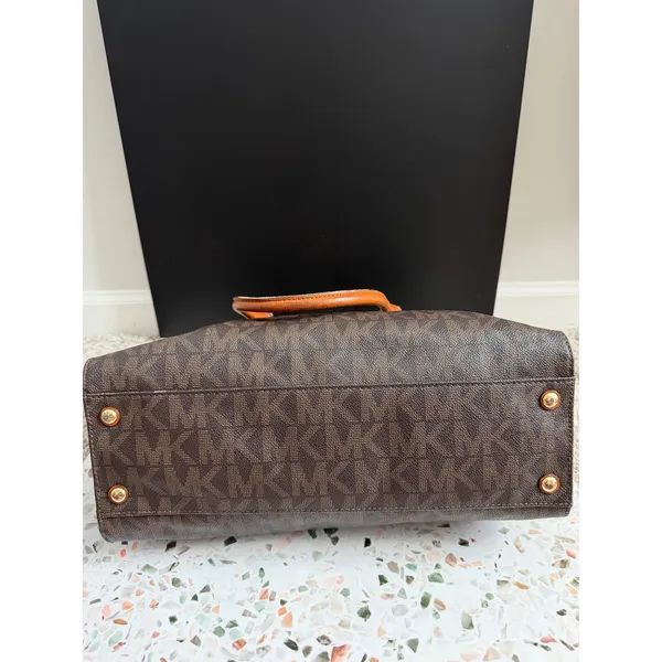 Michael Kors Hamilton Satchel Brown Logo PVC Leather Preppy Classic Tote Bag - Image 12
