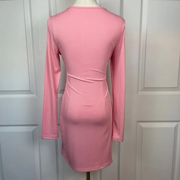 Pink long sleeve square neck fit and flare mini dress - Image 2