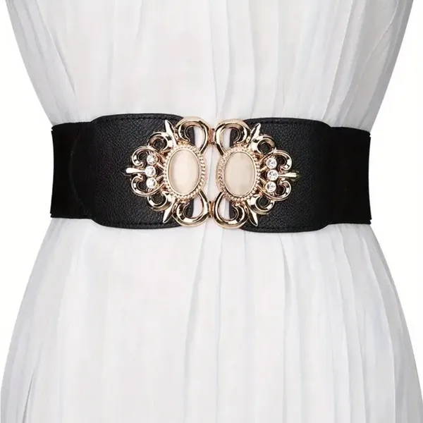 Golden Double Buckle Black Waspie Belt Stretchy Elastic Accentuating‎ Waist Band - Image 7