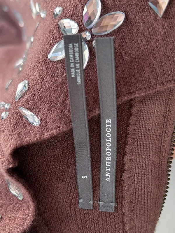 Anthropologie Sweater Dress ChocolateBrown Crystal Mock Neck Balloon Small - Image 5
