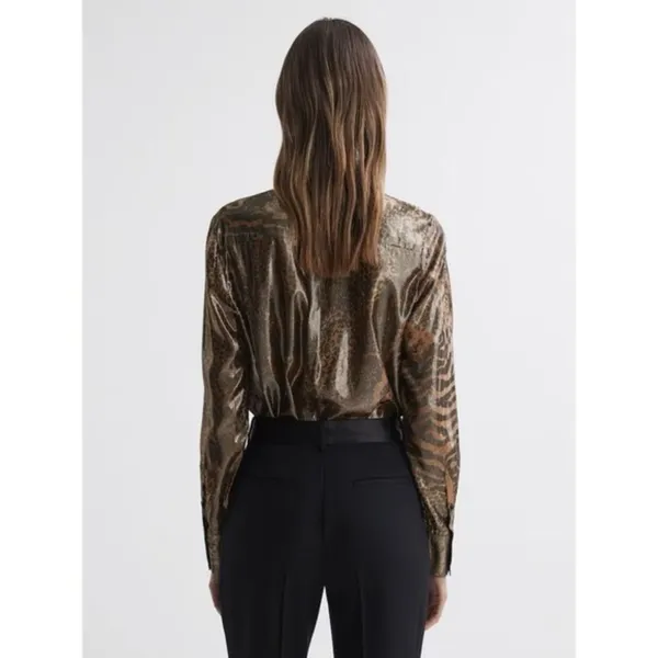 REISS Kendall Metallic Animal Print Tie Neck Blouse Gold Buttondown Size 8 - Image 7
