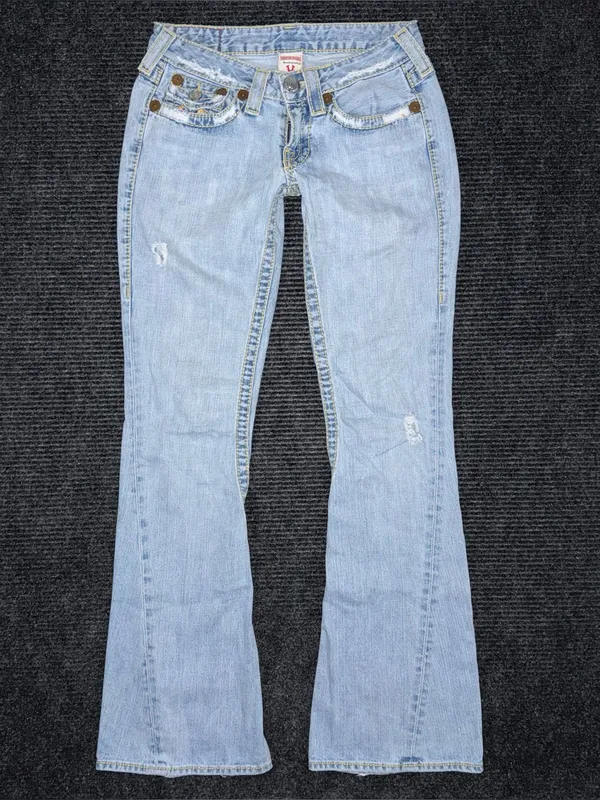 RARE Vintage True Religion Ultra Low Rise Twisted Flare Jeans Distressed 27 x 33 - Image 2