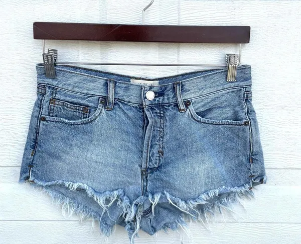 We The Free Women’s Shorts Blue Denim Button Fly Cut Off Distressed Size 26 - Image 2