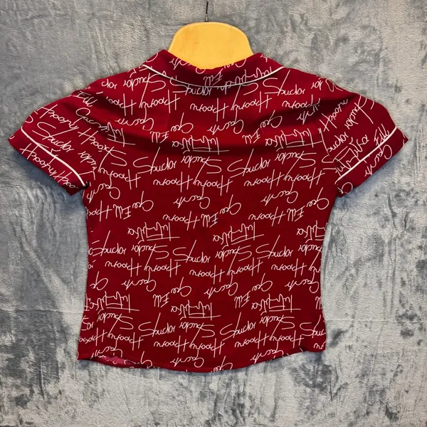 2092‎ | Script Print Two Piece Button Down Pajama Set Red White Women Small - Image 3