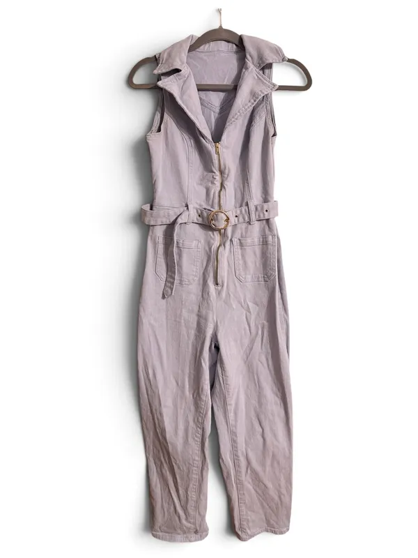 Light Blue Denim Utility Jumpsuit Belted Straight Leg Size M - Image 4