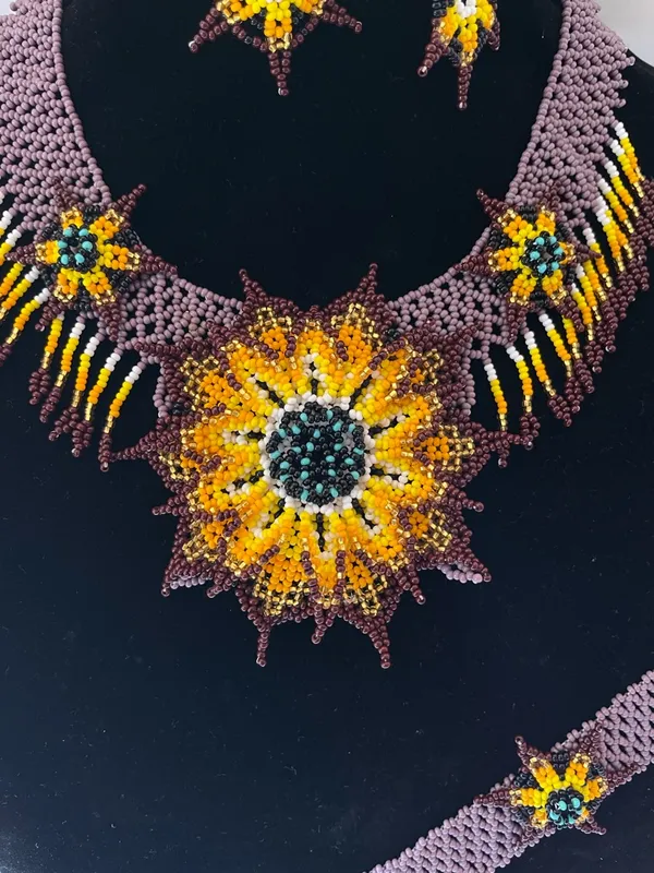 Handmade Sunflower Seed Bead Jewelry Set - Yellow & purple multicolor - Image 2