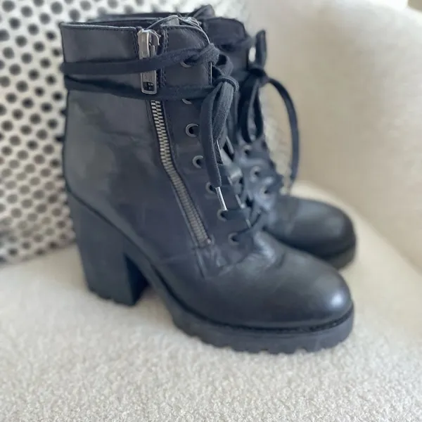 ASH Poker Black Leather Women’s Laceup Combat Boots with Chunky Heel 40 10 - Image 2