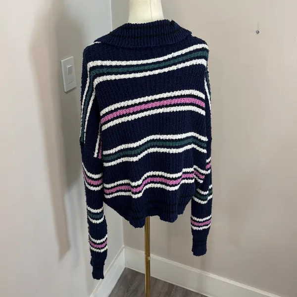 Free People Navy Blue Striped Chunky Knit Polo V-Neck Sweater Large - Image 9