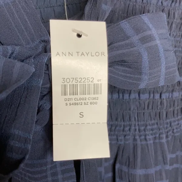 NWT Ann Taylor navy‎ blue plaid tie neck top size small - Image 4