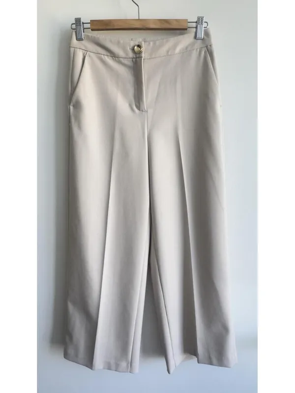 Zara Wide Leg Cropped Pants Cream High Rise Gold Button Stretch XS 24 - Image 2