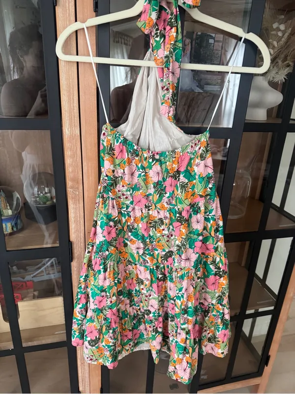 Copper key mini dress colorful floral tropical print halter neck open back linen - Image 10