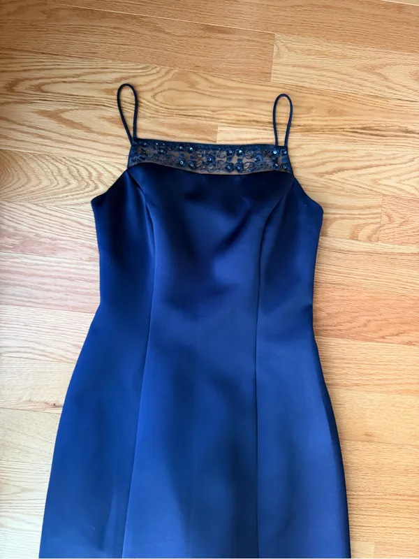 Vintage Y2K Alex Evenings Navy Satin Lace Sequin Open Back Maxi Dress Size 6 - Image 4
