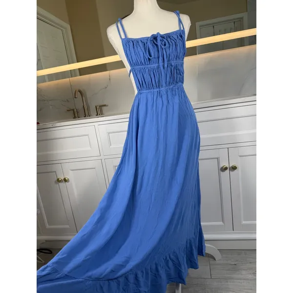 Blue Maxi Dress Womens XS Open Back Smocked Tie Ruffle Hem Boho Vacation Resort - Image 4