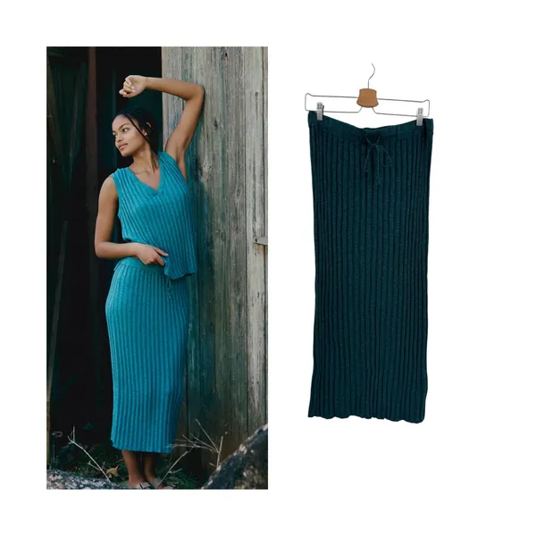 Free People FP Beach Veda Rib Knit Maxi‎ Skirt Teal Drawstring Size Medium - Image 2