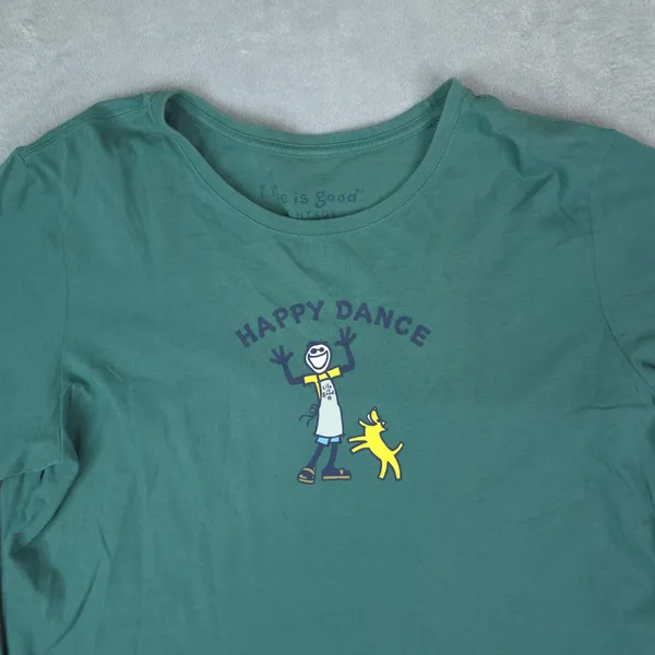 Life is Good Long Sleeve T-Shirt Womens XXL Green Happy Dance Dog Graphic Tee - Image 3