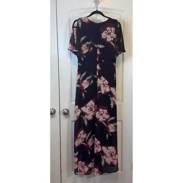 Luxology Women Black Floral Wrap Maxi‎ Dress Flutter Sleeve High Low Hem Wedding - Image 3