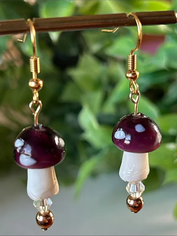 Handmade Purple Mushroom + Hematite Drop Earrings in gold 🍄 - Image 2