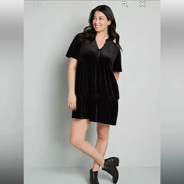 Modcloth Levels Of Levity Tiered Velvet Babydoll Dress Shift Black S NWT - Image 3
