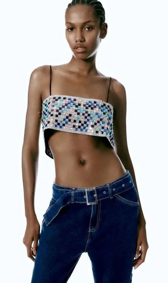 ZARA crop top shiny strappy rhinestones party night out - Image 13