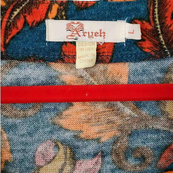 Aryeh Knit Dress Women'sTeal‎ Orange Feather Print Bell Sleeve, Large - Image 2