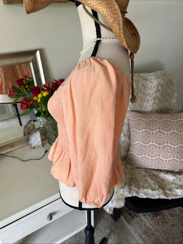 Japna peach smocked peasant, Boho cottage, balloon 3/4 sleeve top M - Image 2