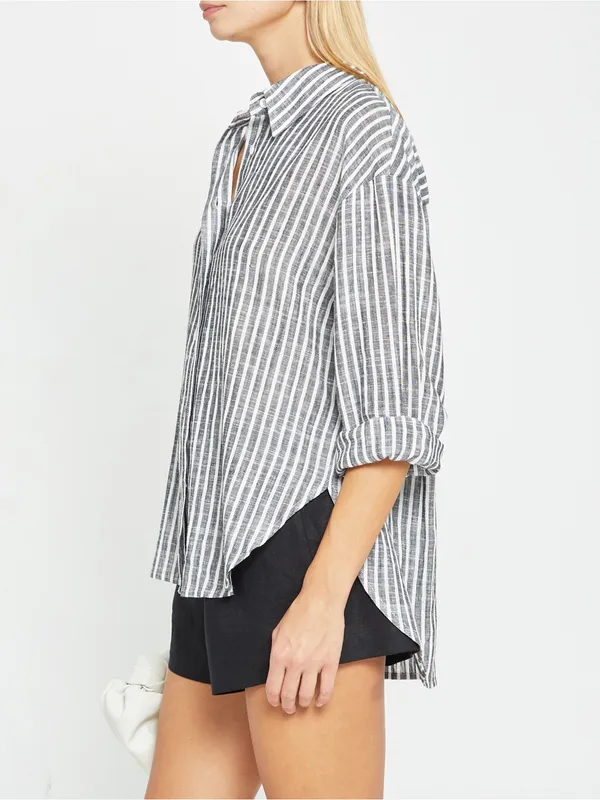 NWT few moda Billy Oversized Linen Shirt size Small S Black Stripe button theory - Image 3