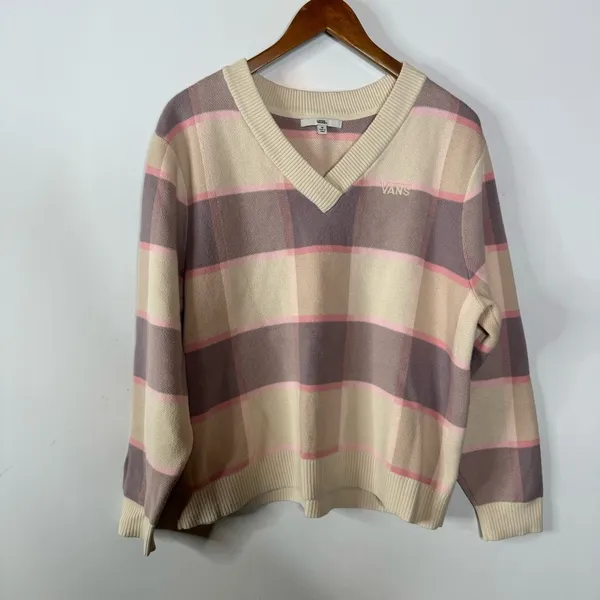 Vans Women’s Plaid‎ V-Neck Oversized Sweater Size Medium - Image 2