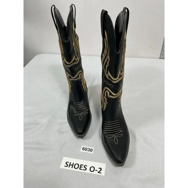 Womans Pullon Midcalf Cowgirl Boots 9 Black Gold Heel Stitching NWOT - Image 5