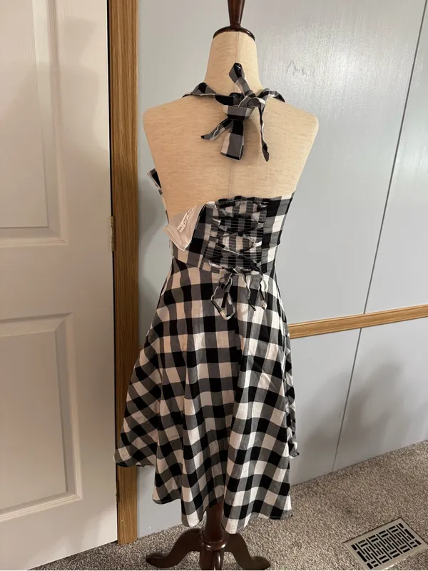 Topdress Black White Gingham Backless Halter Dress Size Small Retro Trad Wife - Image 2