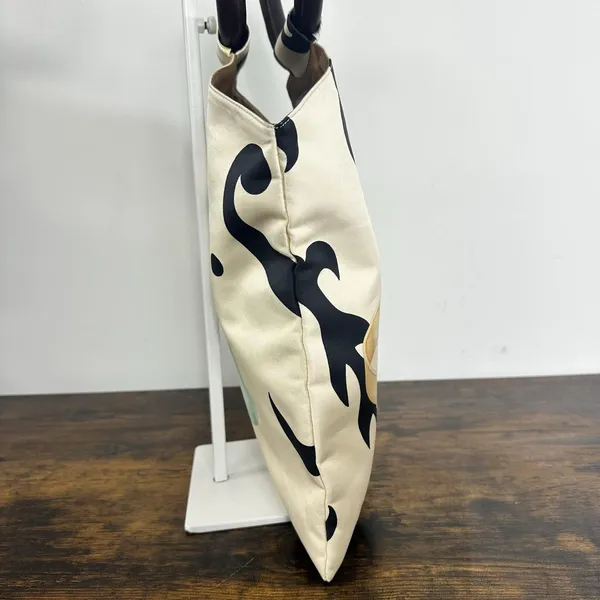 Bvlgari Canvas Top Handle Bag Medium Cream Abstract Ring Leather Handles Italy - Image 14