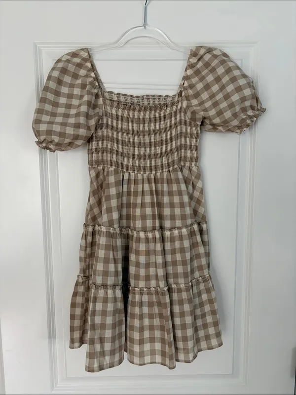 Peixoto Coco Beige and White Gingham Puff Sleeve Mini Dress Size Small - Image 3