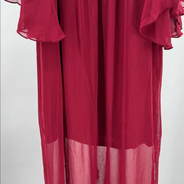 City Triangles burgundy sheer Maxi Dress S flowy bell sleeves boho off shoulder - Image 5