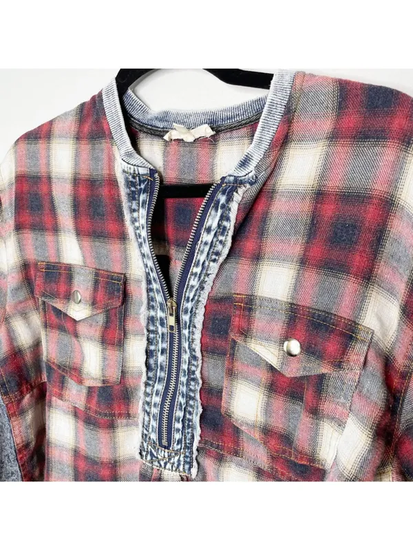 Prómesa plaid denim patchwork quarter zip collared pullover top S - Image 7
