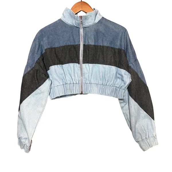 Unbranded Women NA Colorblock Denim Cropped Bomber Jacket Blue Black‎ Mock Neck - Image 5