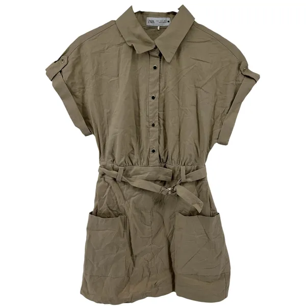 Zara Linen Shirt Dress Collar Mini Short Sleeve Belted Button Pockets Beige S - Image 2