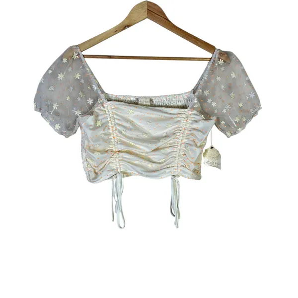 Altard State Floral Embroidered Mesh Ruched Crop Top Cream Large NWT - Image 2