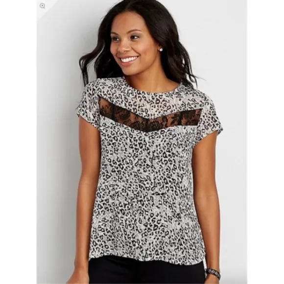 Maurices Leopard Print Blouse Womens Large Gray Black Lace‎ Short Sleeve Top - Image 4