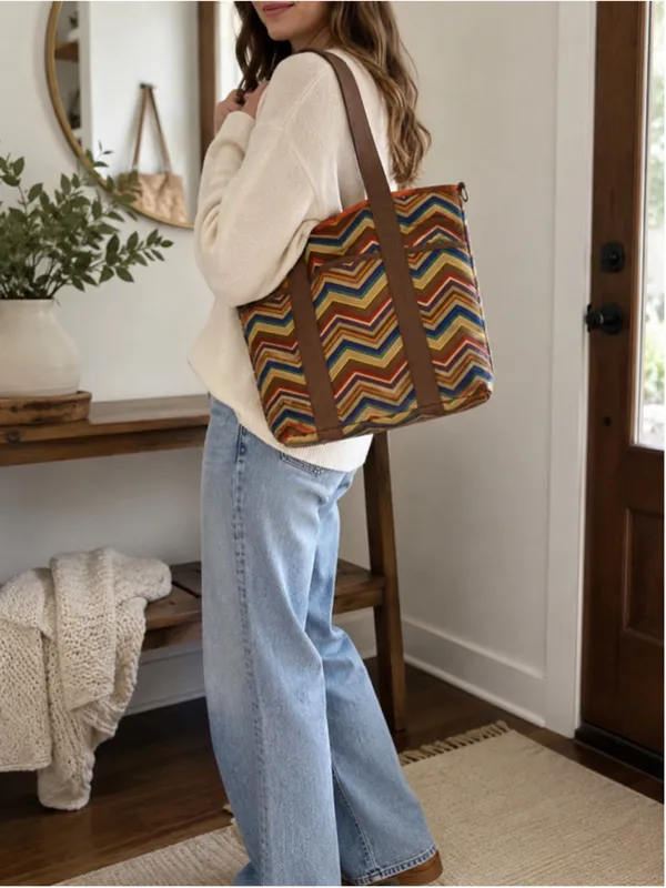 Fossil Key-Per Chevron‎ Tote Bag Multicolor Coated Canvas Large Tote - Image 2