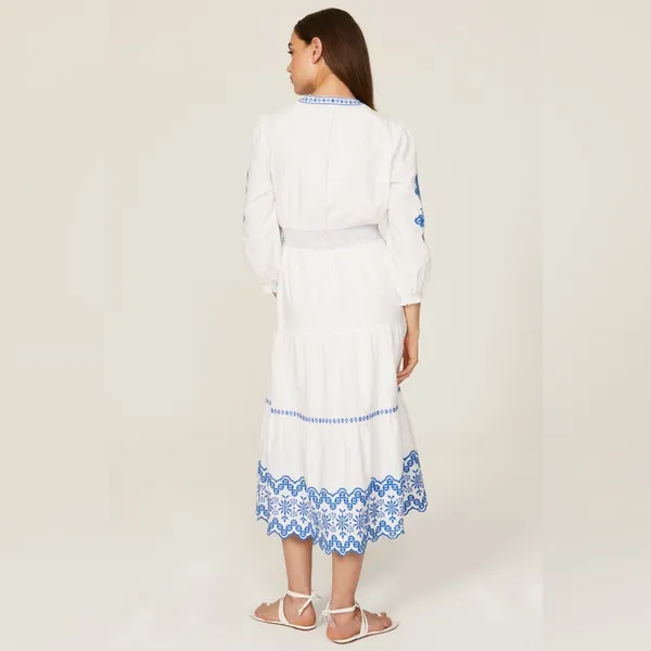 Shoshanna Leilani Dress Optic White Blue Embroidered Midi Dress‎ size 4 - Image 3