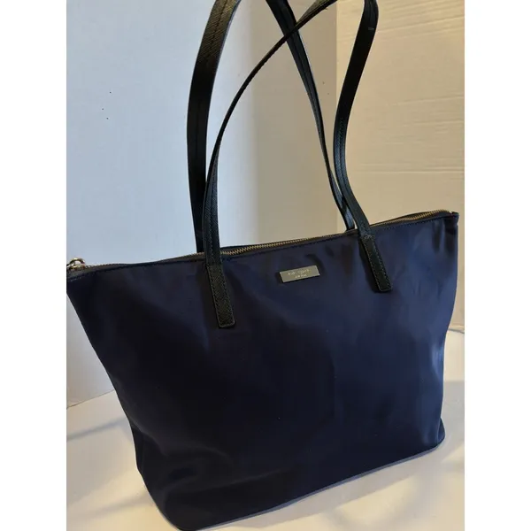 Kate Spade New York Nylon Tote Bag Navy Black Leather Straps Large - Image 2
