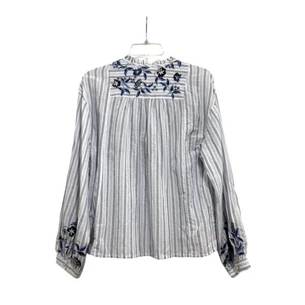Pilcro Anthropologie Embroidered Striped Boho Blouse Blue White Long Sleeve M - Image 2