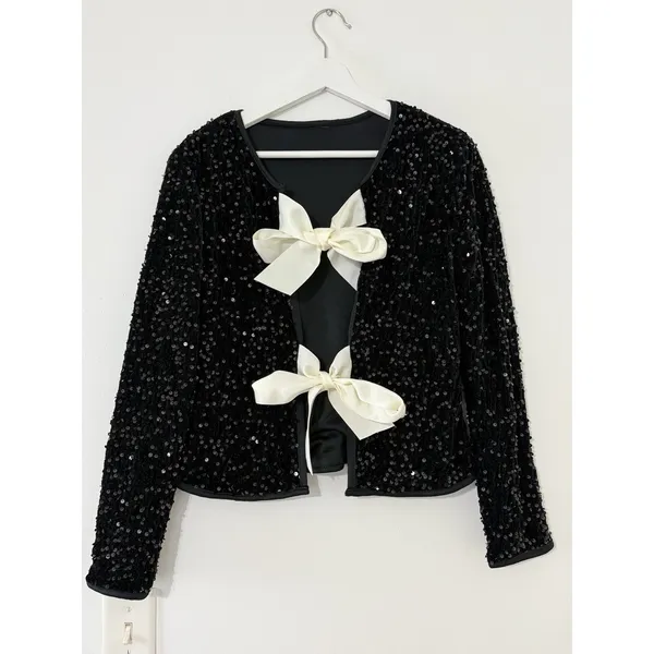 Sequin Bow Jacket Womens Medium Black Cropped Tie Front Evening Party - Image 2
