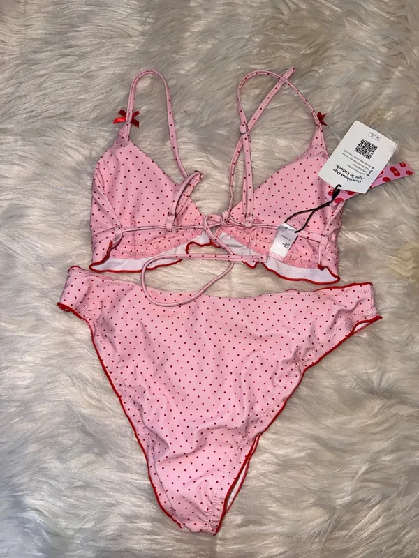 CIDER Pink Polka Dot Ruffle Triangle Bikini Large NWT COQUETTE GIRLY FEMININE - Image 7