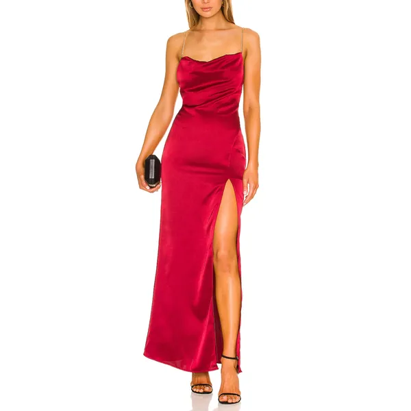 NBD Red Satin Maxi Slip Dress MEDIUM Gown Cowl Backless Slit Formal $258 NEW - Image 2