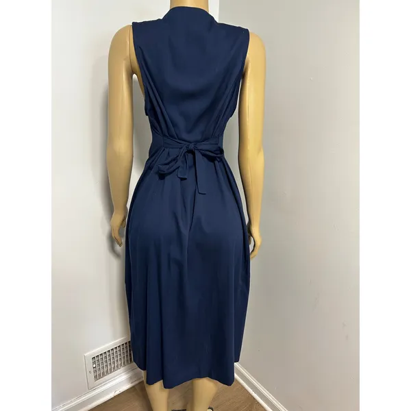 Y2K 90s Willow Ridge Vintage Navy Blue Button Down Pleated Midi Dress 10P USA - Image 4