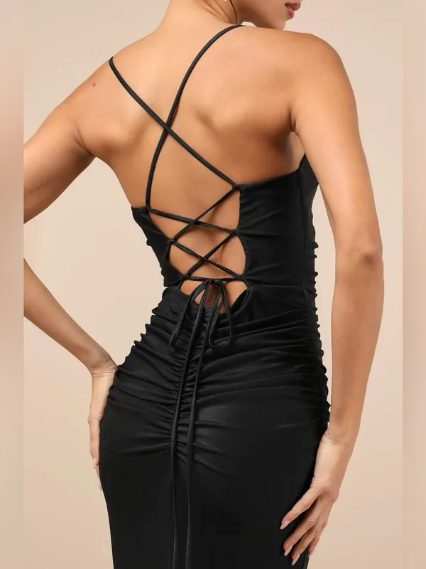 Lulus Elese Black Slinky Knit Lace-Up Mermaid Maxi Dress Size Large NWT Formal - Image 3