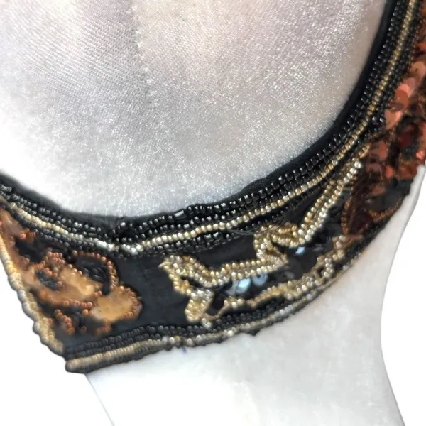Vintage 90s‎ Black Tie Silk Beaded Metallic Sequin Open Front Vest Gold Bronze - Image 6